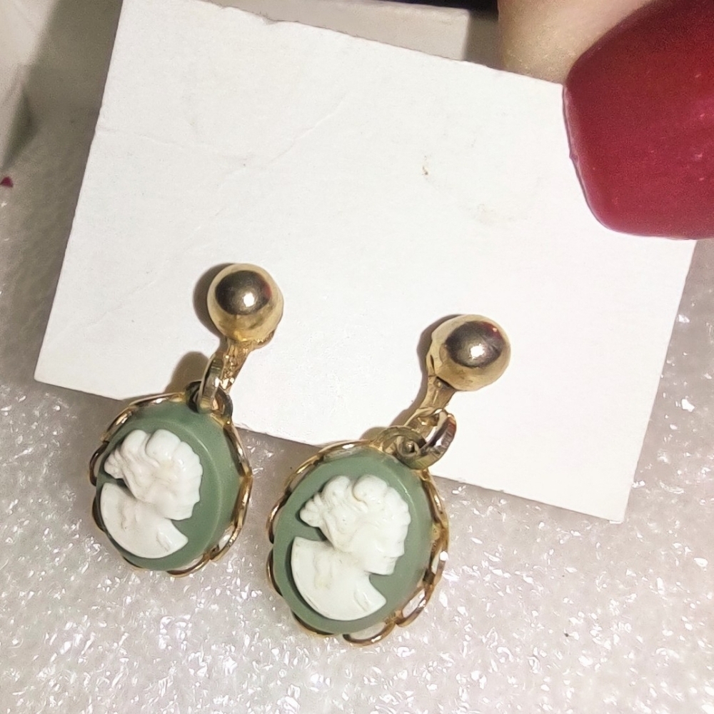 Sage Green & Ivory White Small Cameo Clip Earrings